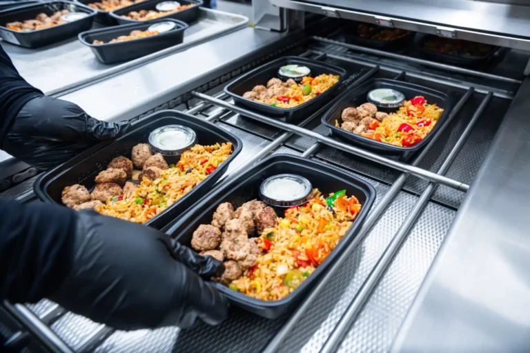Healthy meals being placed on packaging trays – vacuum-sealed meal prep process