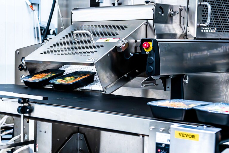 Fresh meal prep meals on conveyor belt for packaging at Meal Prep Sunday.