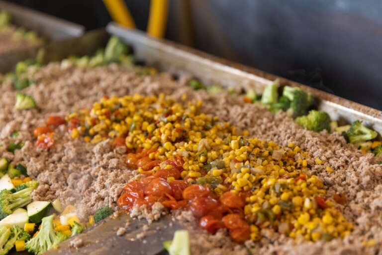 Habanero chunky salsa being blended with fresh herbs and vegetables for sweet heat chicken meal prep.