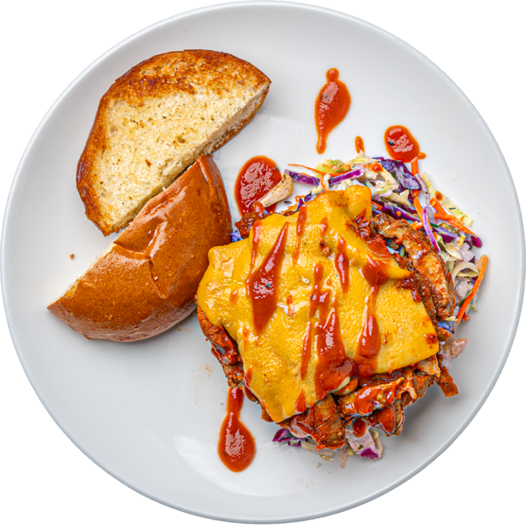 BBQ Chicken Cheddar Burger with Slaw