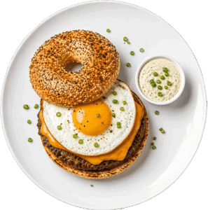 Beef Patty with Cheesy Egg and Bacon Bagel