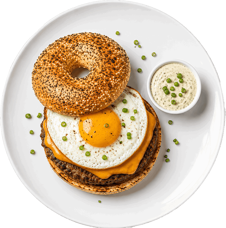 Beef Patty with Cheesy Egg and Bacon Bagel
