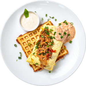Cheesy Potato Waffle and Chicken Fajita Omelet