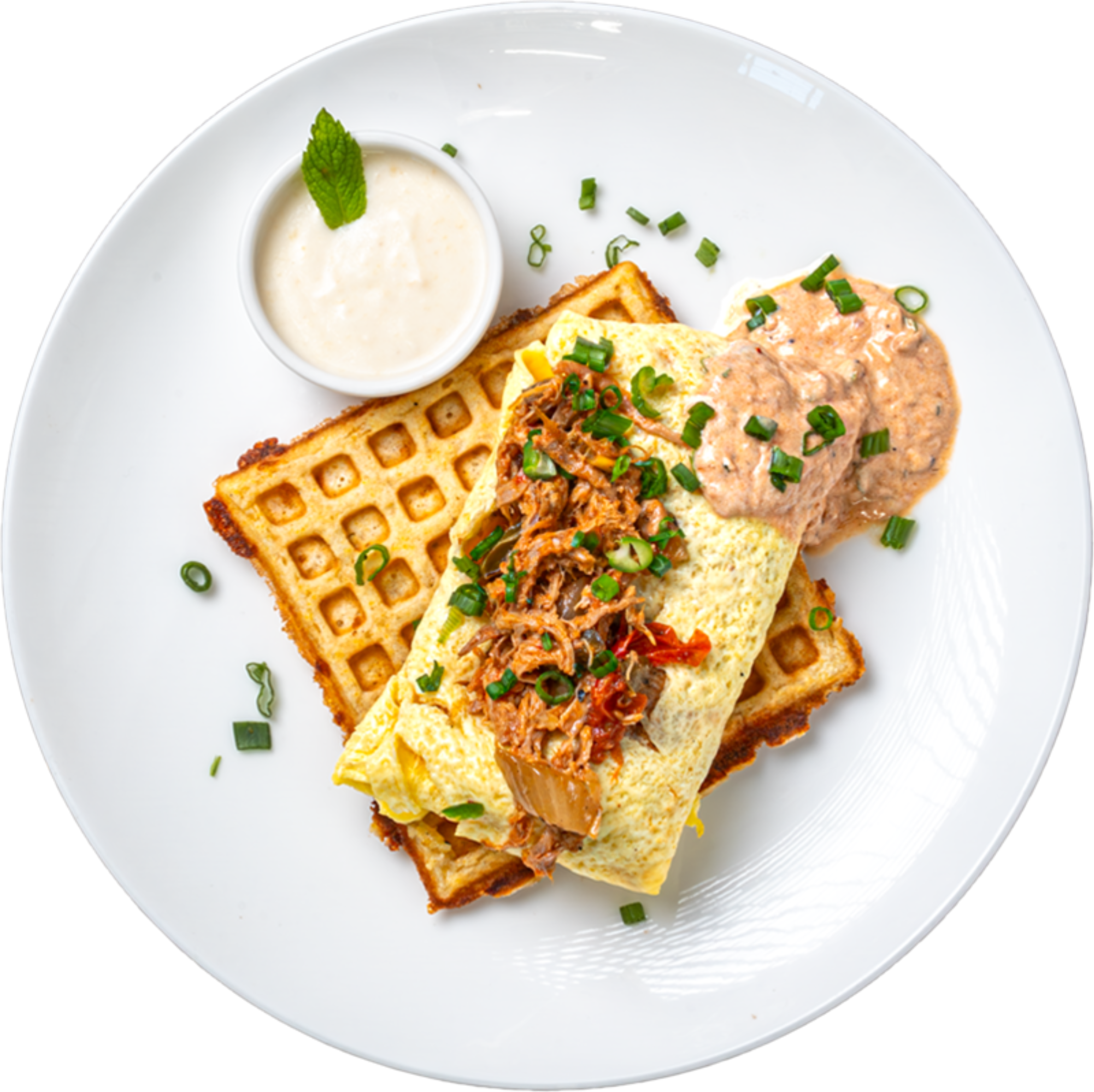 Cheesy Potato Waffle and Chicken Fajita Omelet