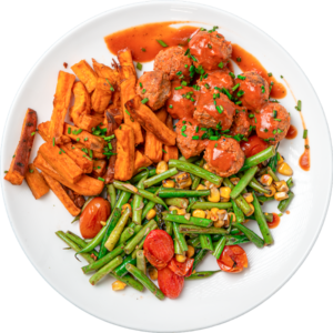 Cowboy Meatballs and roasted Sweet potato