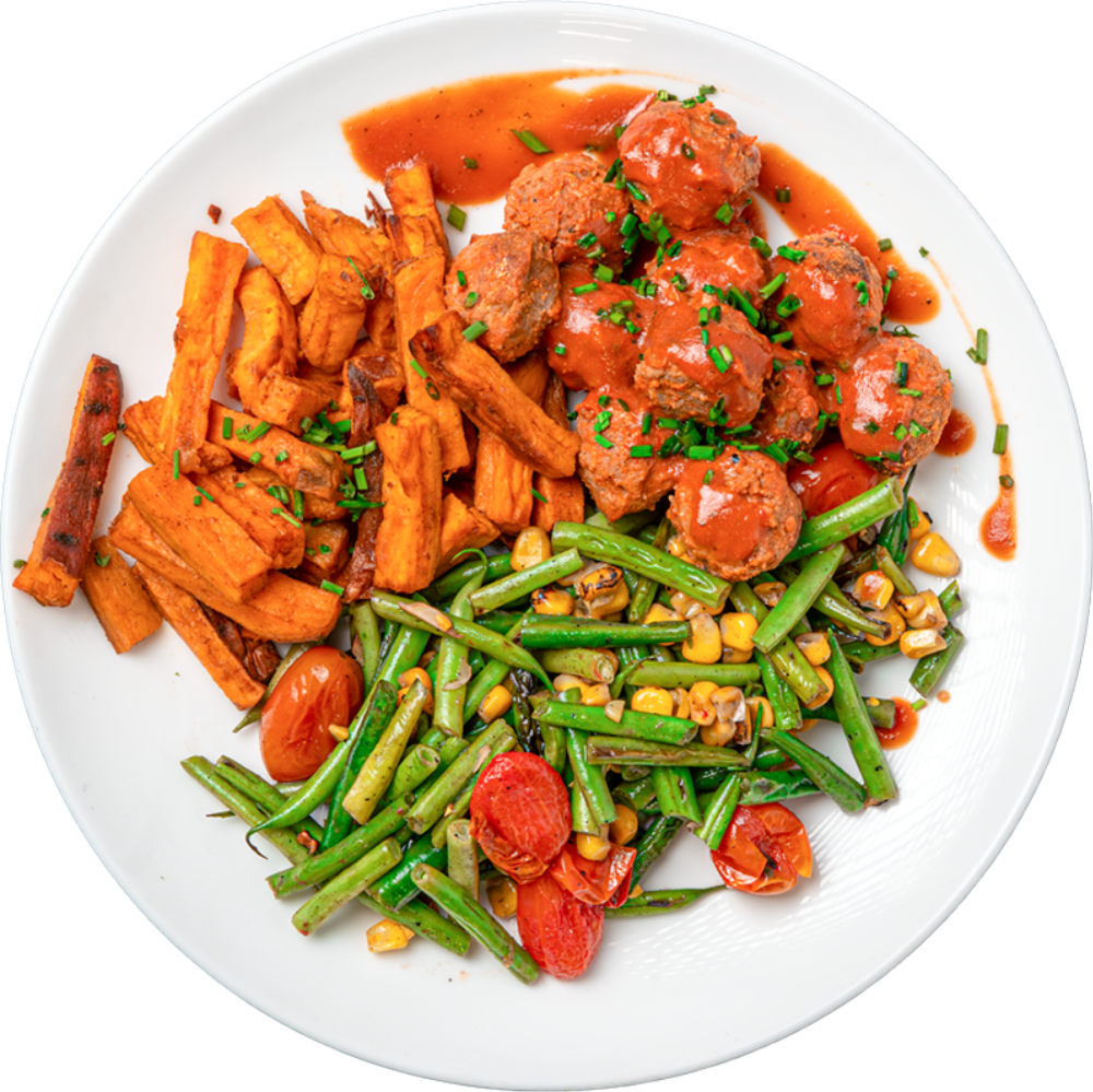 Cowboy Meatballs and roasted Sweet potato