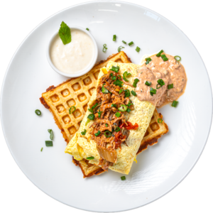 Waffle BBQ Pulled Pork Omelet