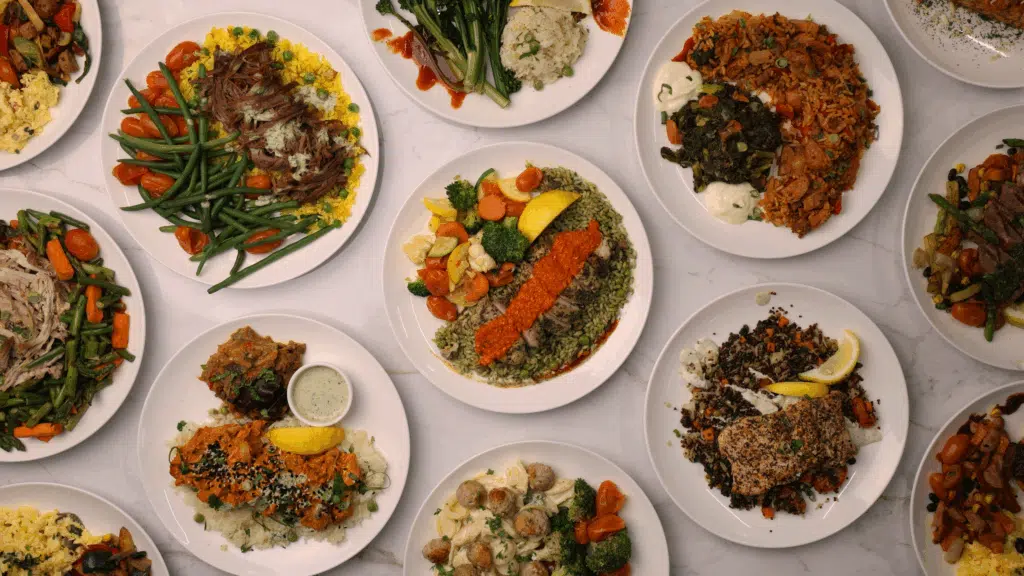 Meal Prep Sunday variety of healthy meal prep meals arranged on plates