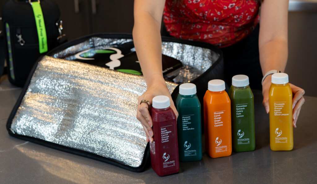 Portioned and measured juices to go along with prepped meals.