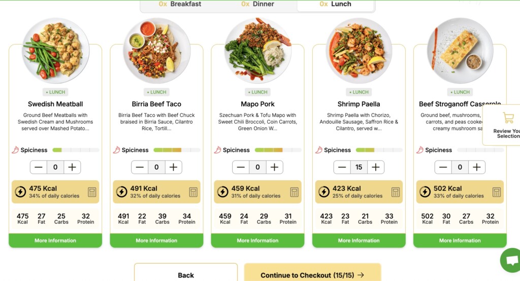 A wide selection of meals that rotate weekly when placing an order.